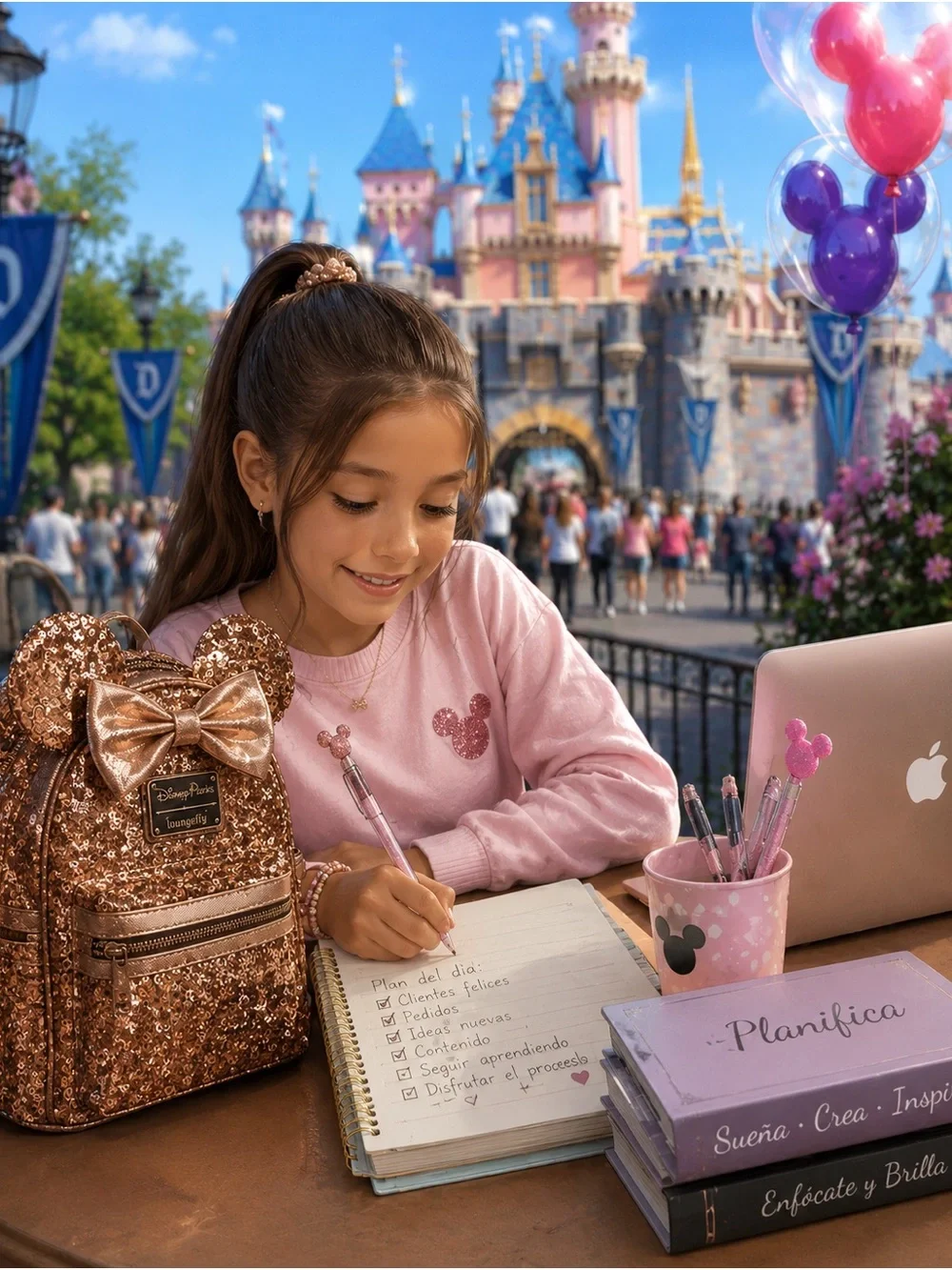 Disney Rose Gold Sequin Minnie Backpack with Pink Stationery Set